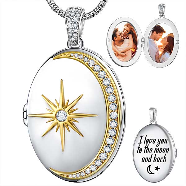 Moon and Star Oval Locket Necklace