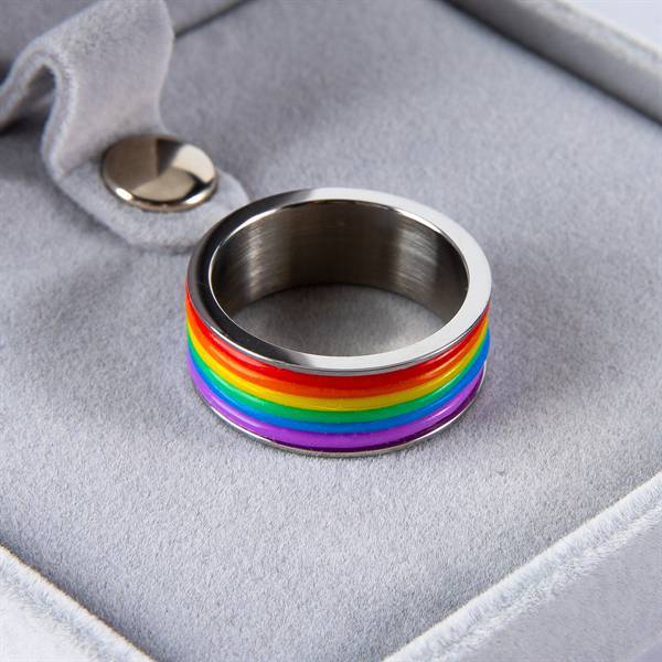 Personalized Enamel Rainbow LGBT Pride Ring Custom Name Initial Ring for Lesbian & Gay Stainless Steel Wedding Engagement Band