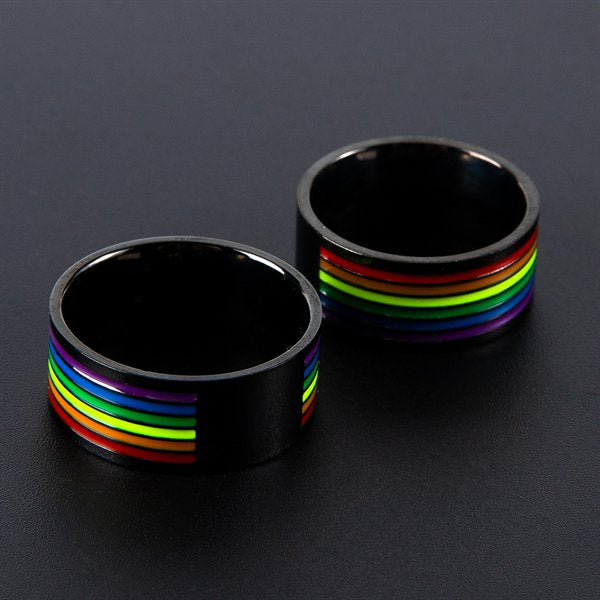 Personalized Custom Name Initial Gay Pride Rings Stainless Steel LGBT Enamel Rainbow Stripe Lesbian Pride Ring Wedding Band for Men and Women