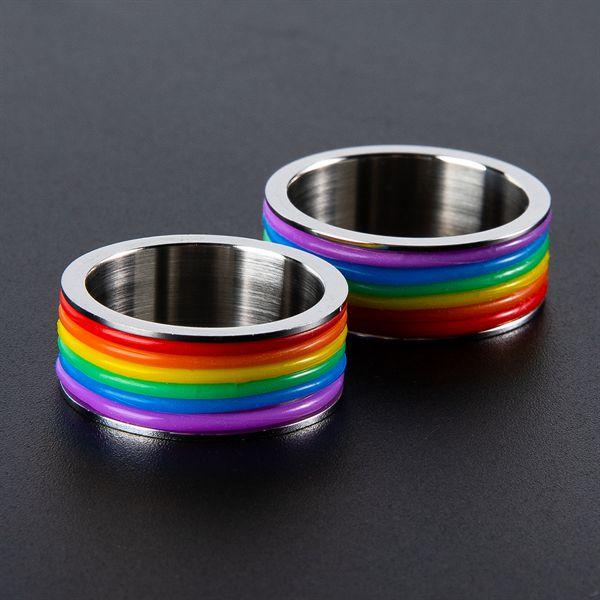 Personalized Enamel Rainbow LGBT Pride Ring Custom Name Initial Ring for Lesbian & Gay Stainless Steel Wedding Engagement Band