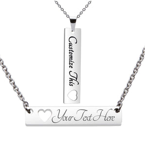 Fanery sue Personalized Custom Heart Necklaces Set Engraved Name Message Bar Pendant Love Gift for Mother Daughter Couples