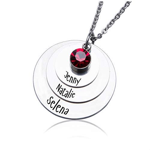 Fanery Sue Personalized Birthstones Necklace 3 Layer Stainless Steel Discs Custom Engraved Name Words Gift for Mother, Grandmother, Wife
