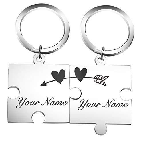 Fanery Sue Personalized Puzzle Pieces Matching Necklace/Kaychain for Love Best Friends Family Custom Name Date Matching Pendant Set with Gift Box