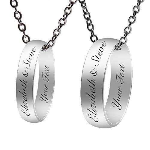 Fanery Sue Personalized Couples Band Rings Pendant Necklaces Set Custom Engraved Name Promise Ring Wedding Band Eternity Ring
