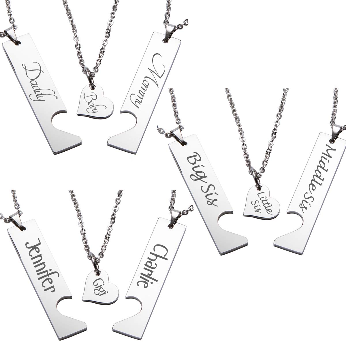Fanery sue Personalized Custom Engraved Name Vertical Bar Matching Heart Necklaces for Family of 3 Love Friendship Jewelry