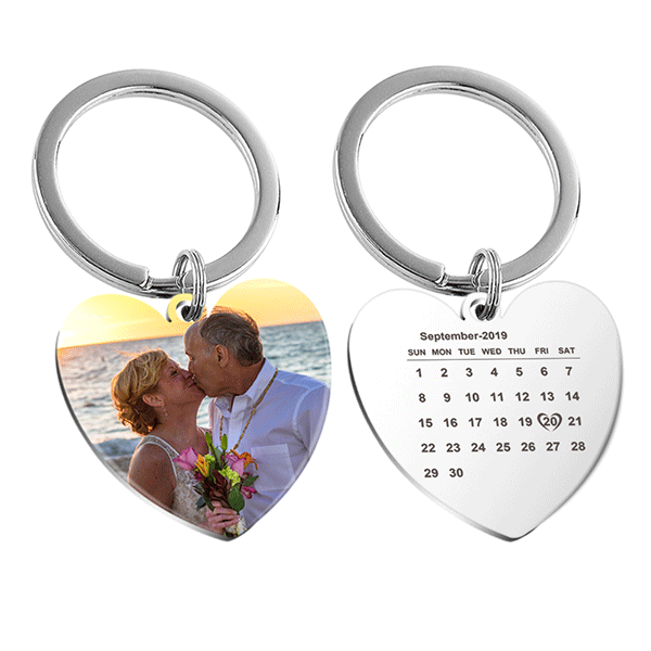 Fanery Sue Custom Calendar Photo Keychain Personalized Engraved Special Day Anniversary Memorial Gift Heart Keyring ID Key Tag