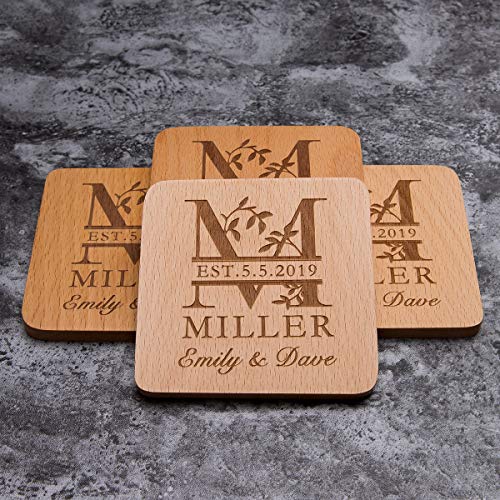 Personalized Monogram Beech Wood Coasters for Drinks - Personalized Wedding Gifts Bridal Shower Gifts - Custom Coasters Set