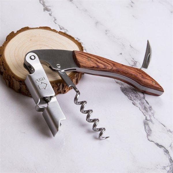 Personalized Custom Engraved Waiters Corkscrew - 3 in 1 Wine Opener with Rosewood Pull Tap Handle Bottle Opener and Serrated Foil Cutter