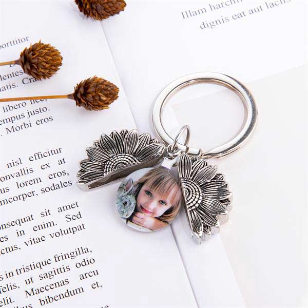 Fanery Sue Custom Name Sunflower Keychains with Picture For Women Personalized Photo Keychain Engraving Text Locket