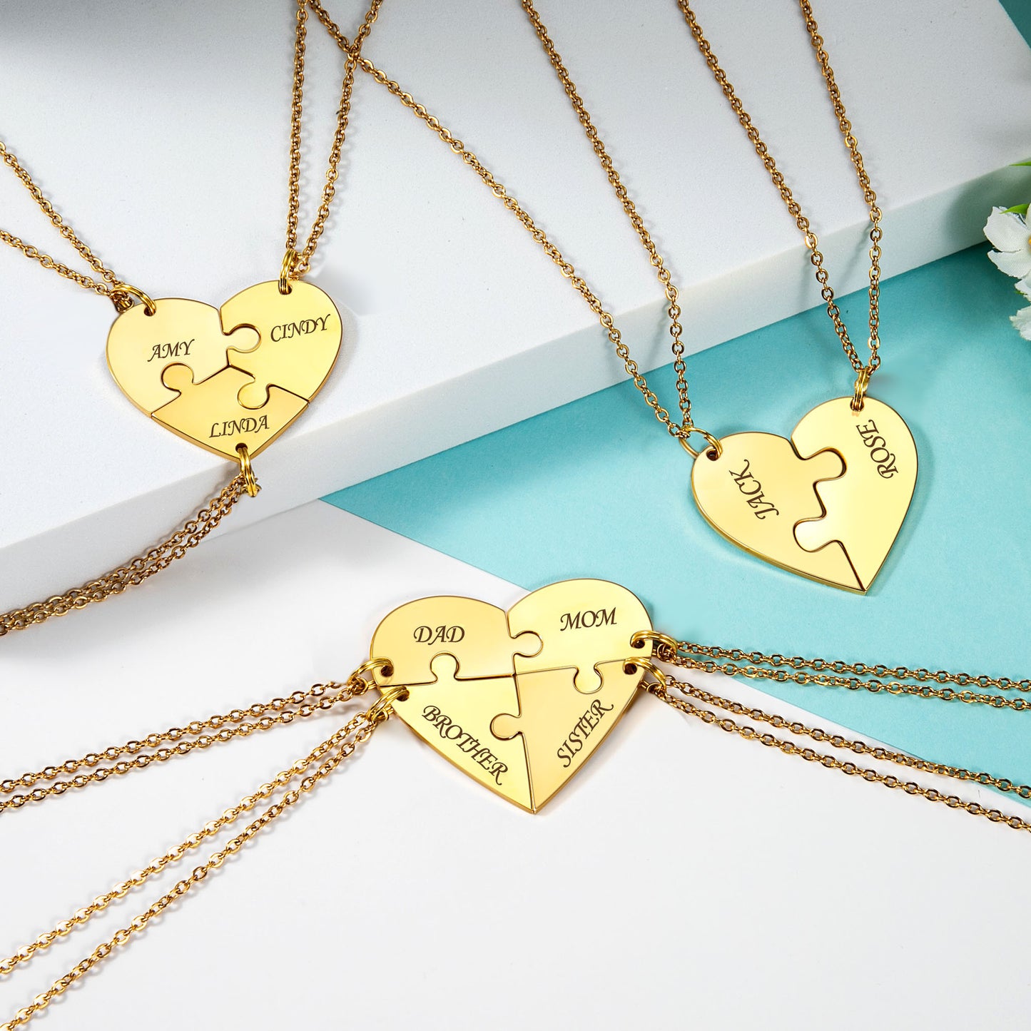 Personalized Puzzle Pieces Heart Shape Necklace/Kaychain for Love Best Friends Family Custom Name/Date Matching Pendant Set with Gift Box