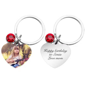 Personalized Birthstone Picture Keychain Custom Engraved Name & Photo Love Heart Keyring ID Key Tag Birthstone Gift for Women